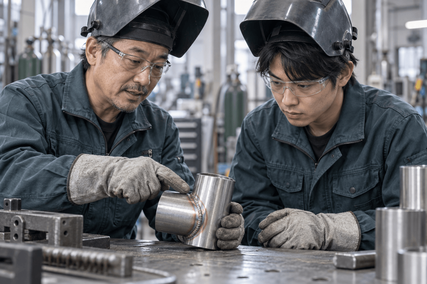 溶接作業を学ぶ若手スタッフのイメージ